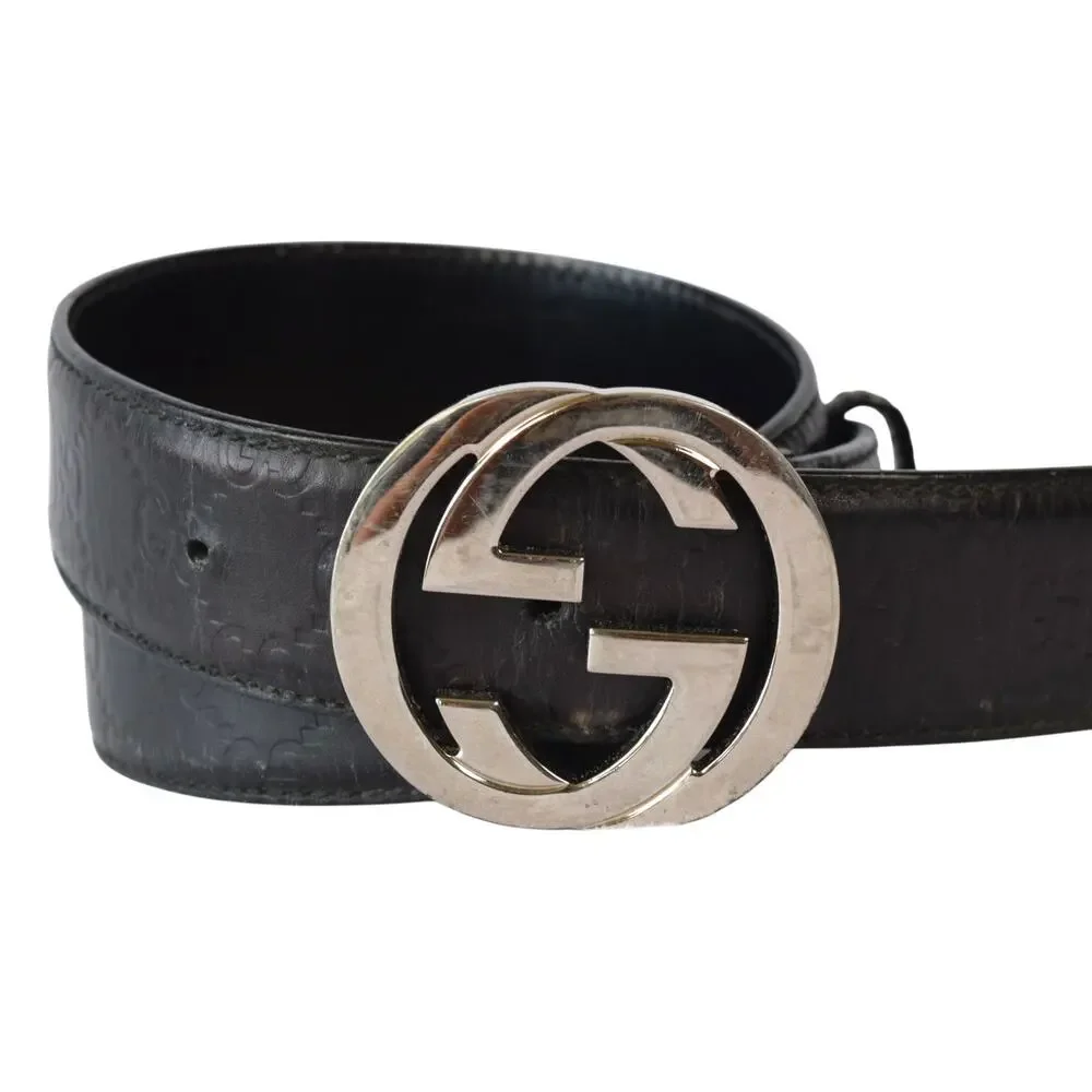 Gucci GG Monogram Black Leather Belt Silver Buckle Italy